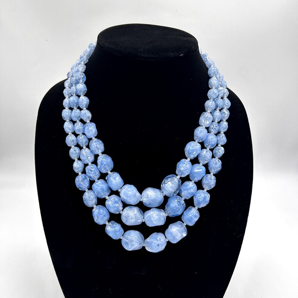 Castlecliff Necklace Blue Triple Strand Beaded Chunky Vintage Estate Jewelry